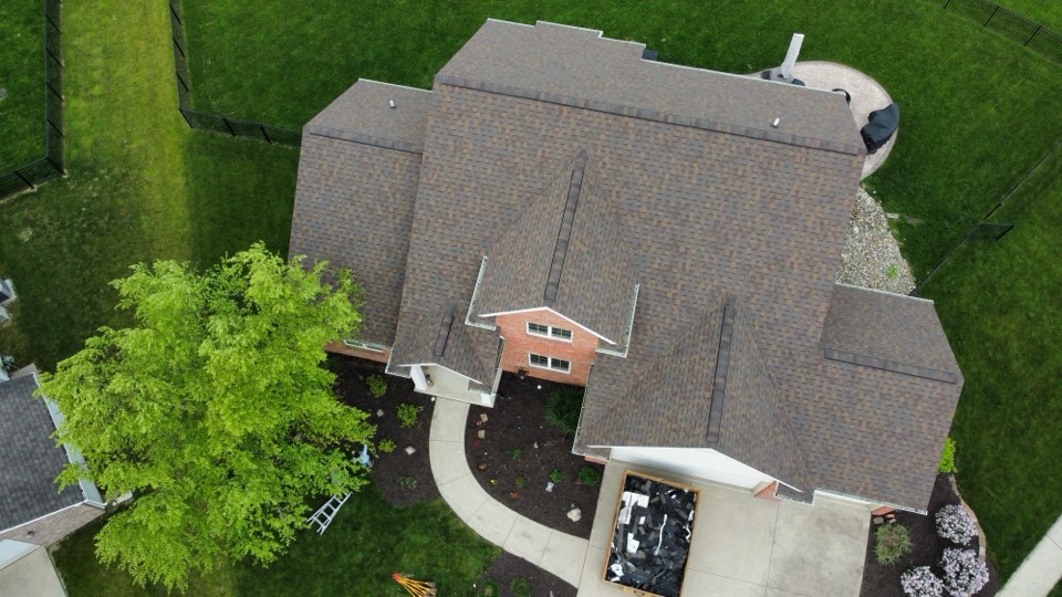 Drone inspection view of roof replacement progress in Fort Wayne